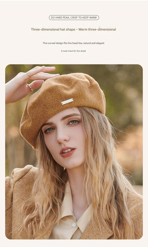 Brown Elegant Wool Beret - Classic Warm Thick British Style Hat for Autumn & Winter