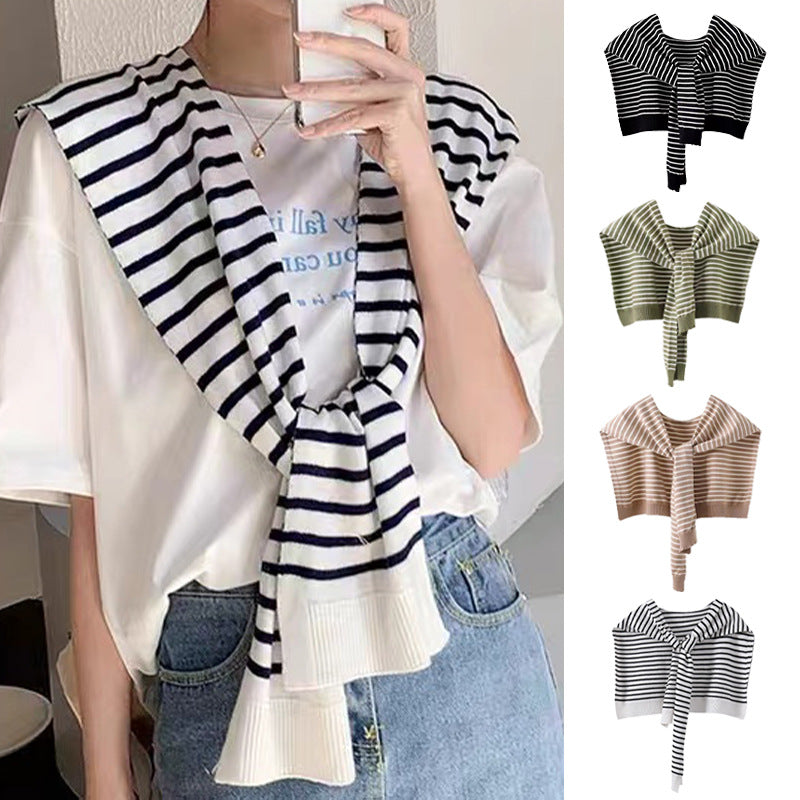 Black Chic Striped Knit Tie-Front Shawl - Lightweight Versatile Layering Capelet for Women