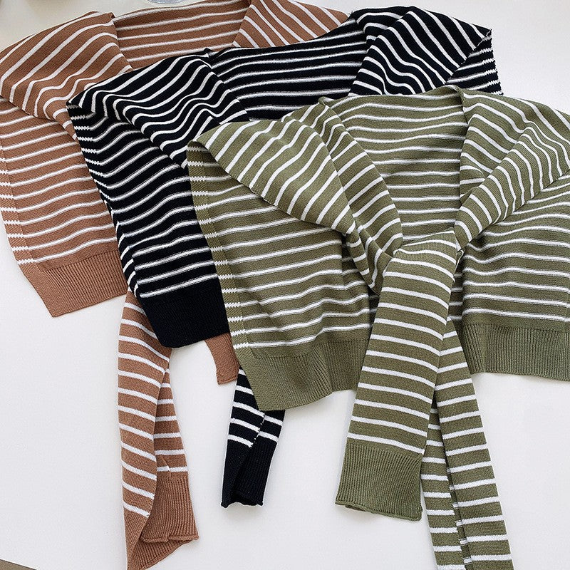 Green Chic Striped Knit Tie-Front Shawl - Lightweight Versatile Layering Capelet for Women
