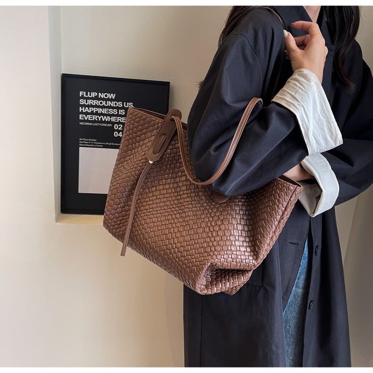 Brown Chic Woven PU Leather Tote Bag - Large Capacity Casual Shoulder & Handbag for Women