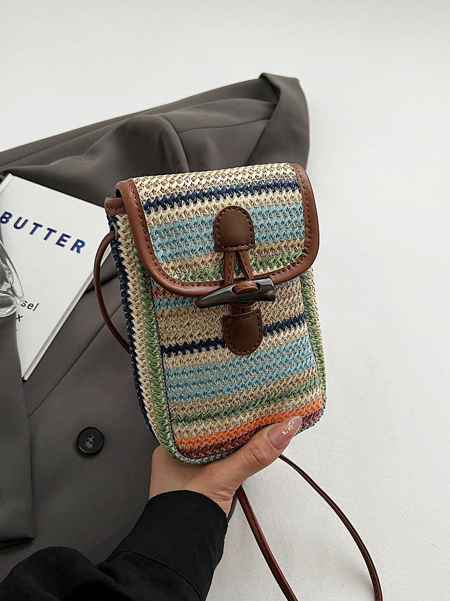 Khaki Boho Chic Woven Straw Crossbody Bag - Colourful Striped Mini Phone Pouch with Toggle Closure