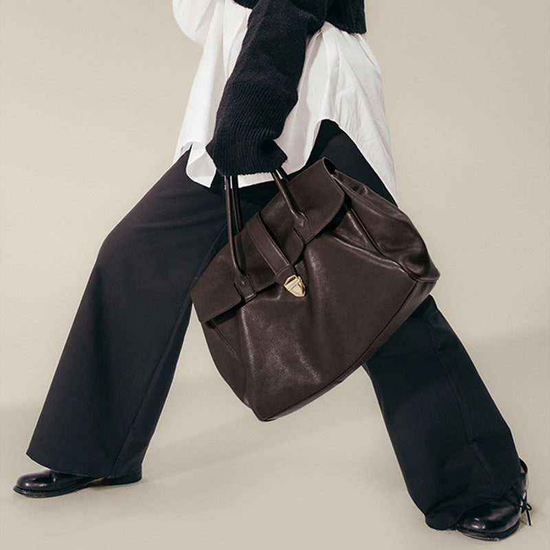 Size L Brown Elegant Women's Leather Briefcase Tote - Vintage Style Large Capacity Commuter Handbag - Premium Cowhide Leather