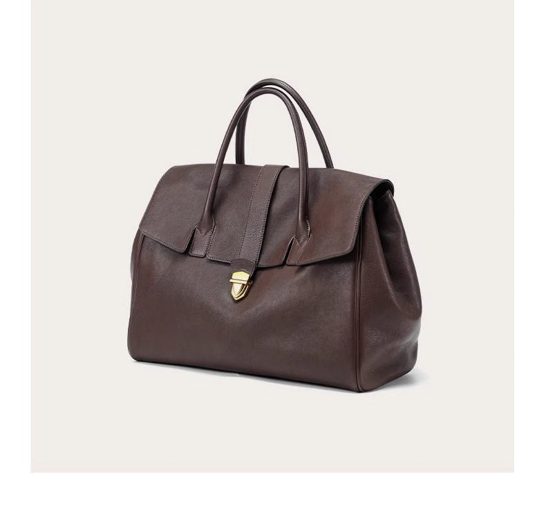 Size L Coffee Elegant Women's Leather Briefcase Tote - Vintage Style Large Capacity Commuter Handbag - Premium Cowhide Leather