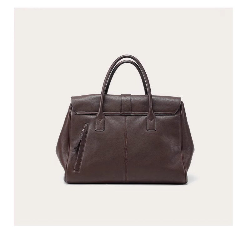 Size L Coffee Elegant Women's Leather Briefcase Tote - Vintage Style Large Capacity Commuter Handbag - Premium Cowhide Leather