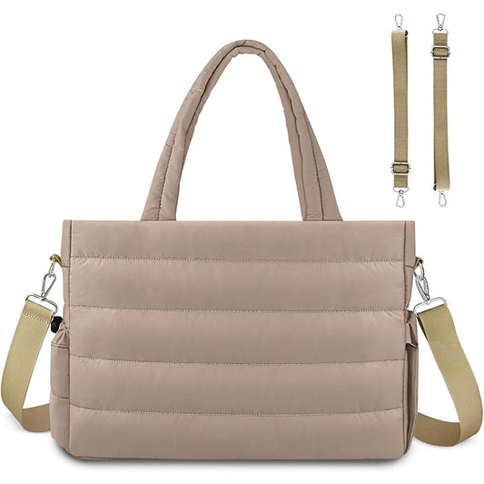 Khaki Stylish Quilted Nylon Tote Bag - Large Capacity Diaper Nappy Bag for Travel & Stroller with Adjustable Straps