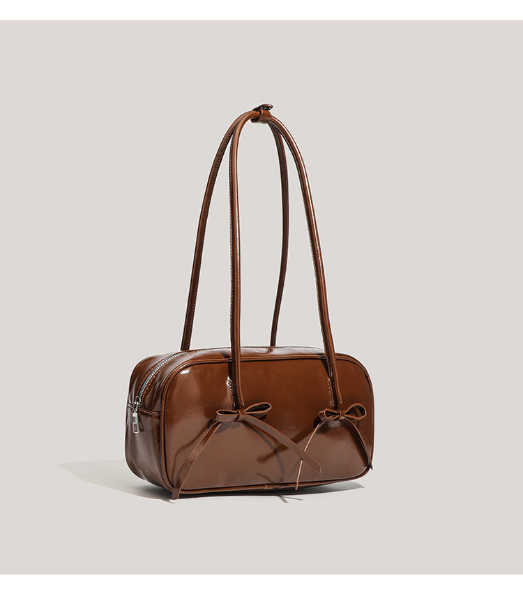 Coffee Chic PU Leather Baguette Shoulder Bag - Elegant Bow Accent Underarm Handbag for Women