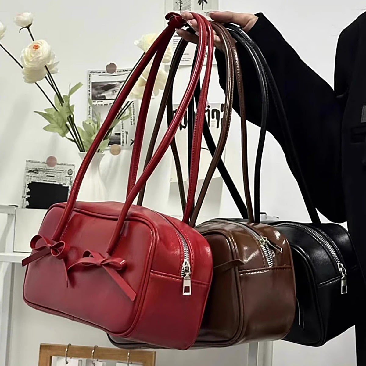 Coffee Chic PU Leather Baguette Shoulder Bag - Elegant Bow Accent Underarm Handbag for Women