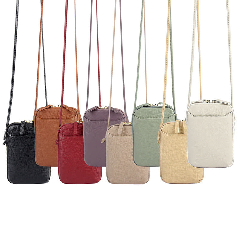 Beige Premium Leather Mini Crossbody Phone Bag - Stylish Multi-Pocket Organizer for Women