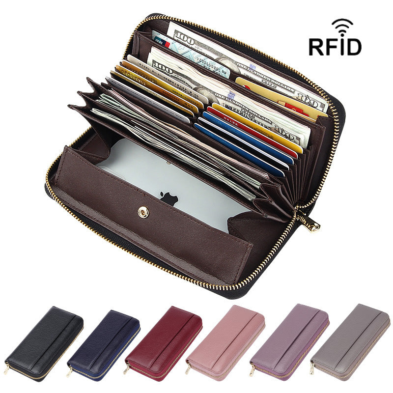 Grey Premium Genuine Leather RFID Blocking Long Wallet - Unisex Multi-Card Organizer Clutch with Zip-Around Closure