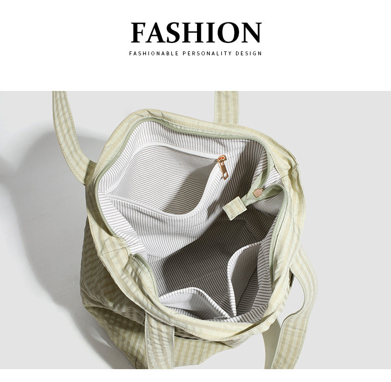 Light Green Stylish Lightweight Seersucker Gingham Tote Bag - Spacious Multi-Pocket Shoulder Bag with Zipper