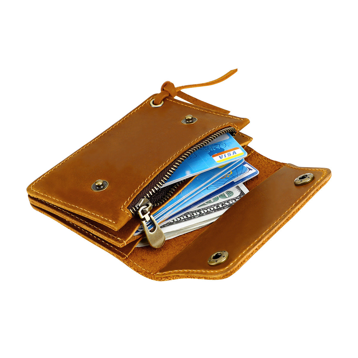 Khaki Vintage Handmade Crazy Horse Leather Wallet - Compact Card Holder & Zippered Coin Purse with Snap Closure