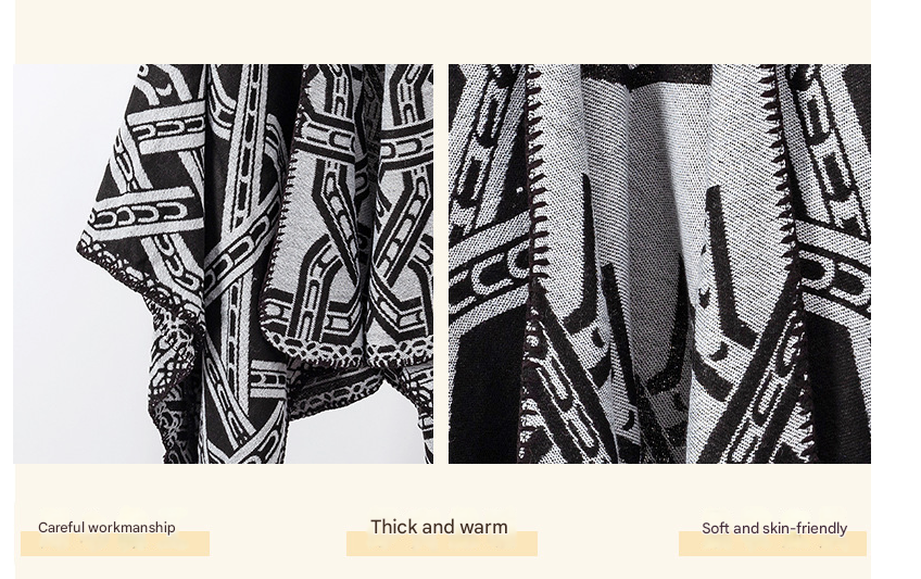 Orange Bohemian Ethnic Print Blanket Poncho - Warm Windproof Oversized Shawl Wrap (130x150cm)
