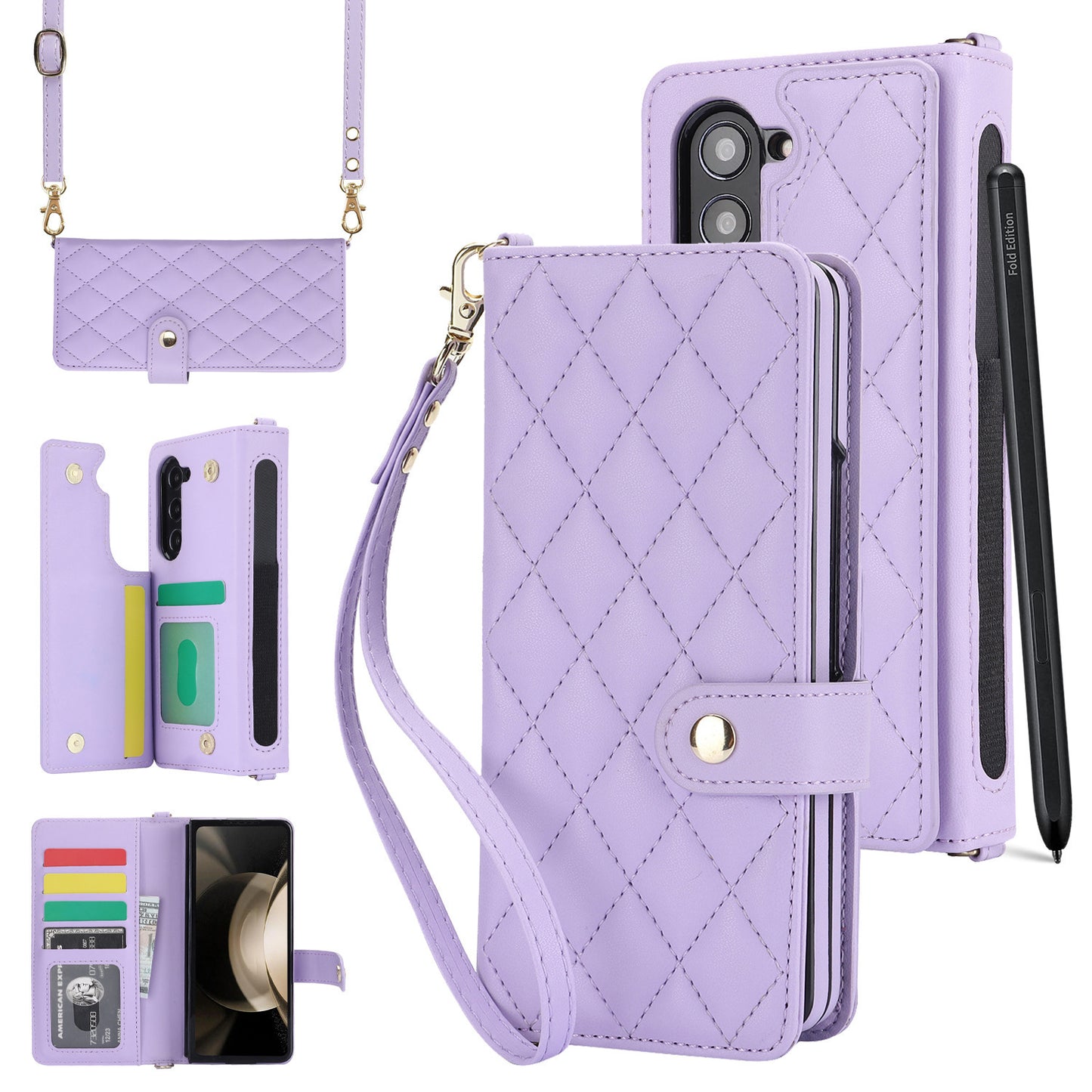 Purple Galaxy Z Fold3 Multi-Functional Leather Wallet Case for Samsung Z Fold Series - Crossbody with Pen Slot, Quilted Design Pen Not Included