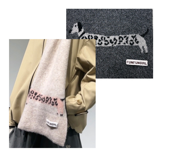 Blue Cute Korean-Style Wool Scarf with Dog Design - Unisex Knitted Winter Neck Wrap