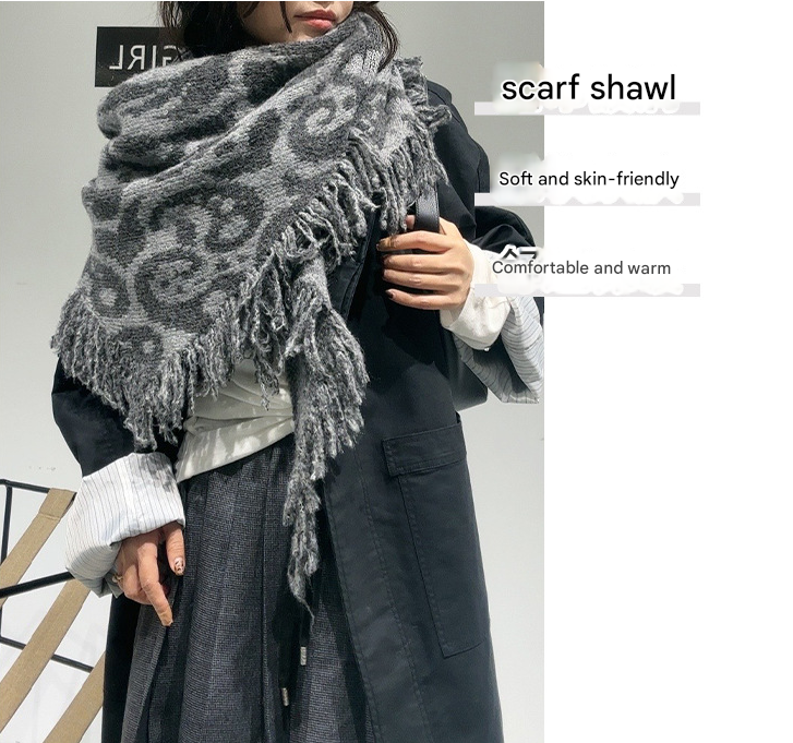 Black-white Luxurious Fringe Wool and Lambswool Scarf for Women - Thick Warm 60 x 170 cm Shawl