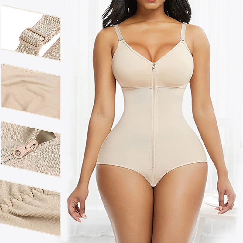 2XL Skin Color Women's Seamless Body-Shaping Onesie with Zipper - Abdomen Slimming and Hip Lifting
