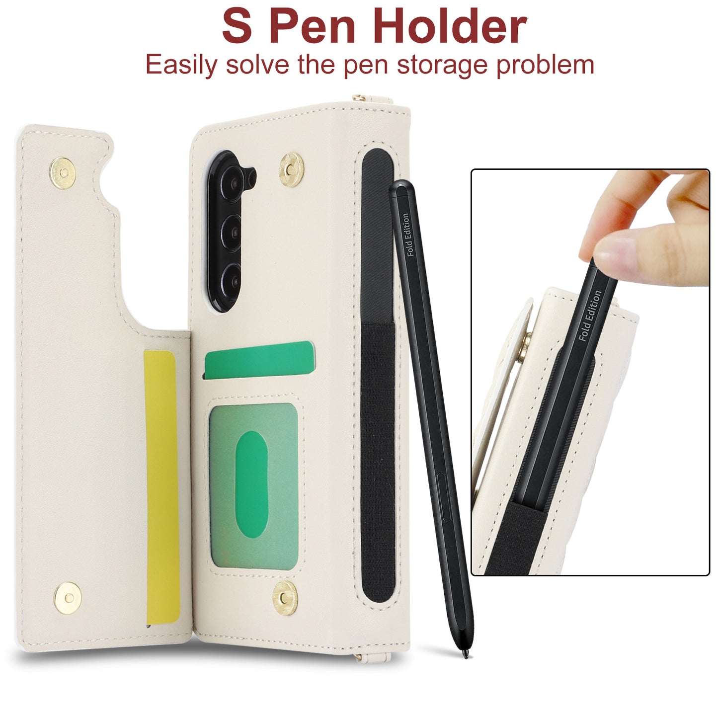White Galaxy Z Fold5 Multi-Functional Leather Wallet Case for Samsung Z Fold Series - Crossbody with Pen Slot, Quilted Design Pen Not Included