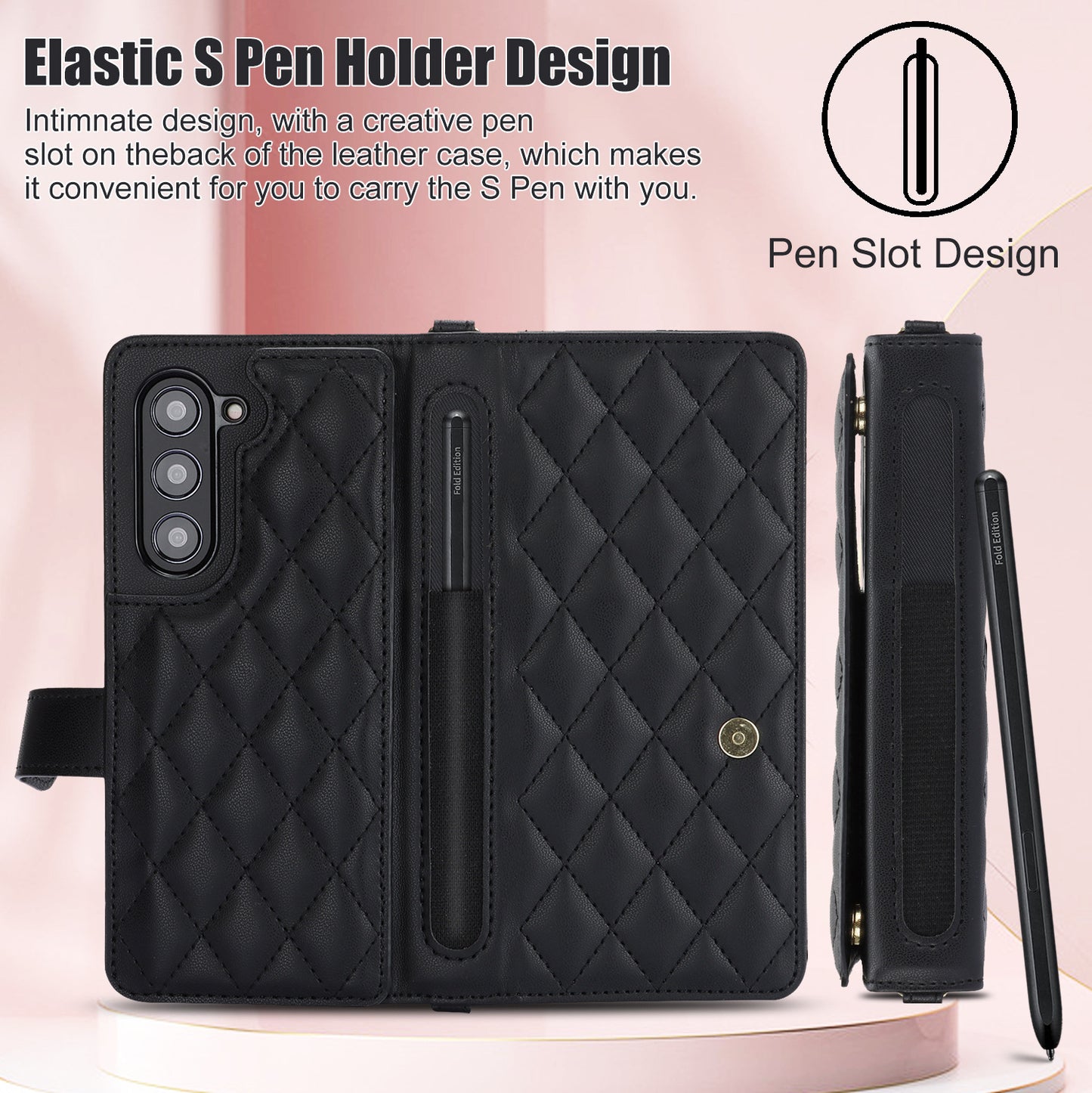 White Galaxy Z Fold5 Multi-Functional Leather Wallet Case for Samsung Z Fold Series - Crossbody with Pen Slot, Quilted Design Pen Not Included