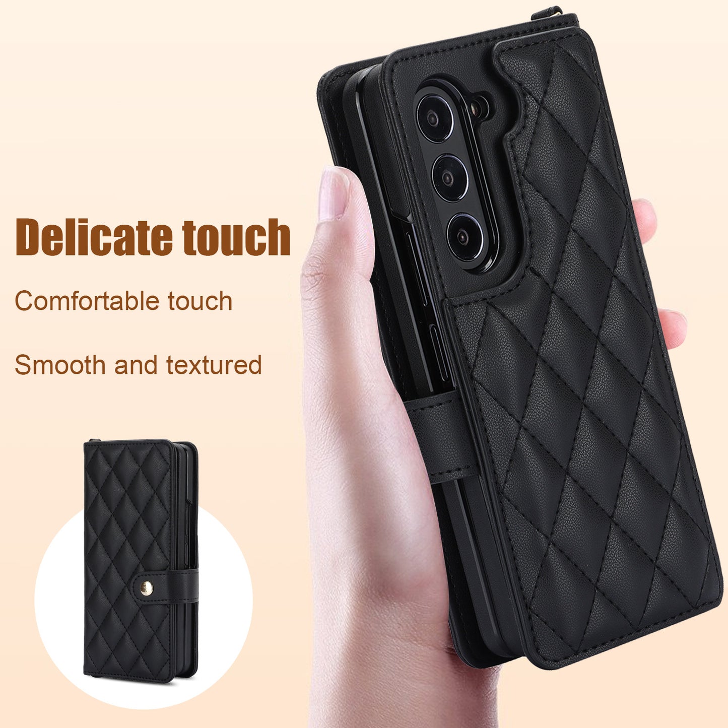 Rose Gold Galaxy Z Fold5 Multi-Functional Leather Wallet Case for Samsung Z Fold Series - Crossbody with Pen Slot, Quilted Design Pen Not Included