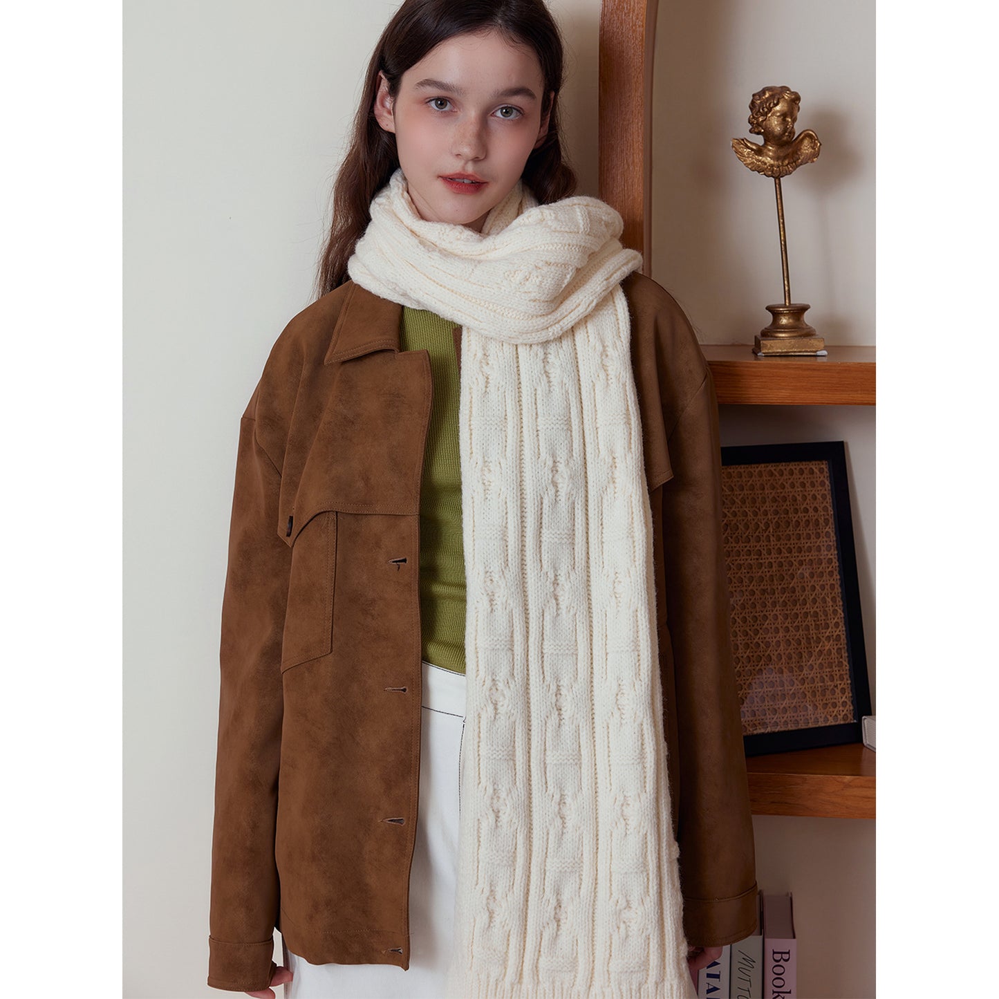 White Classic Textured Knit Scarf - Solid Color, Premium Soft Feel, Winter (176x26.5cm)