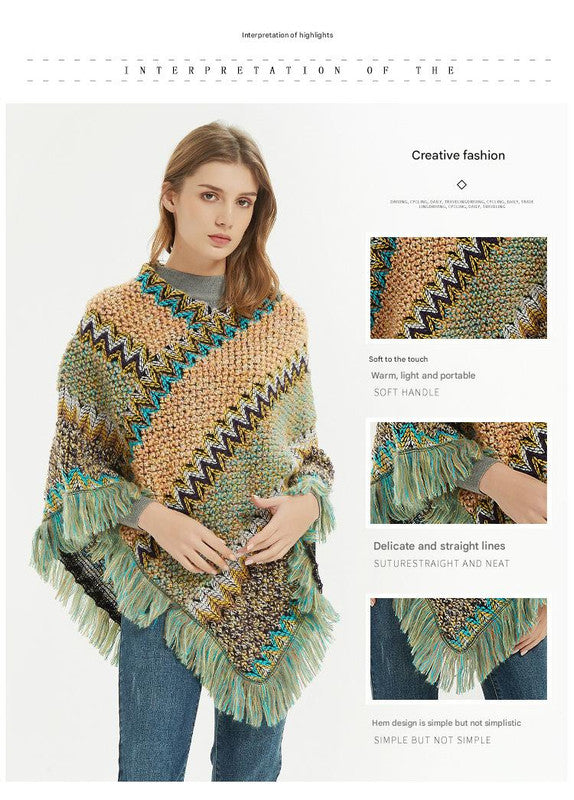 Light yellow-green Lightweight Chevron Knit Poncho for Women - Elegant Fringed Shawl Wrap