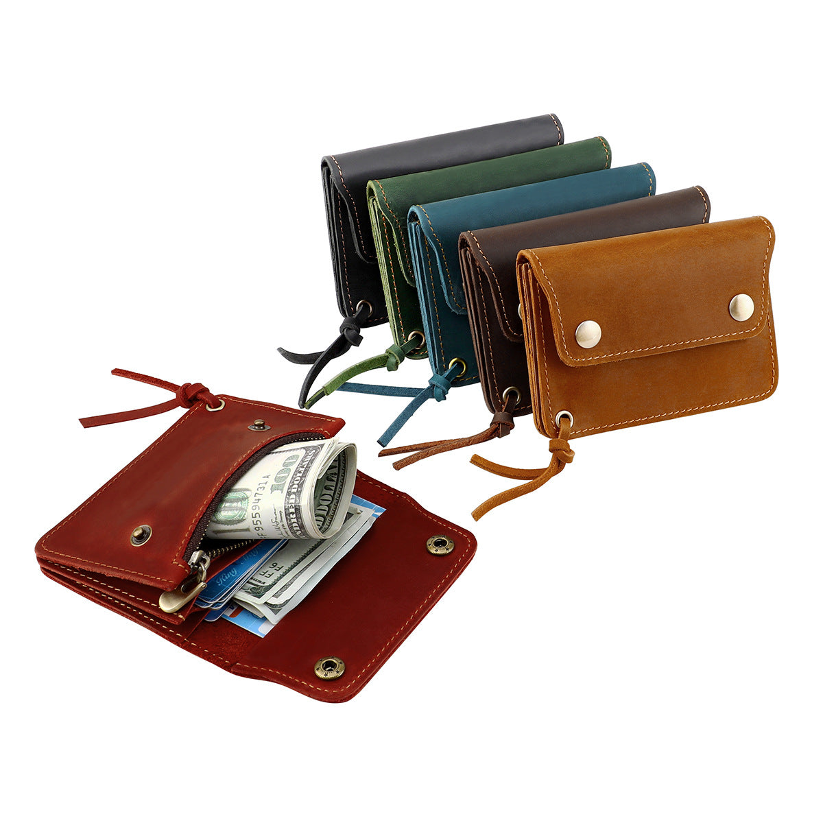 Coffee Vintage Handmade Crazy Horse Leather Wallet - Compact Card Holder & Zippered Coin Purse with Snap Closure