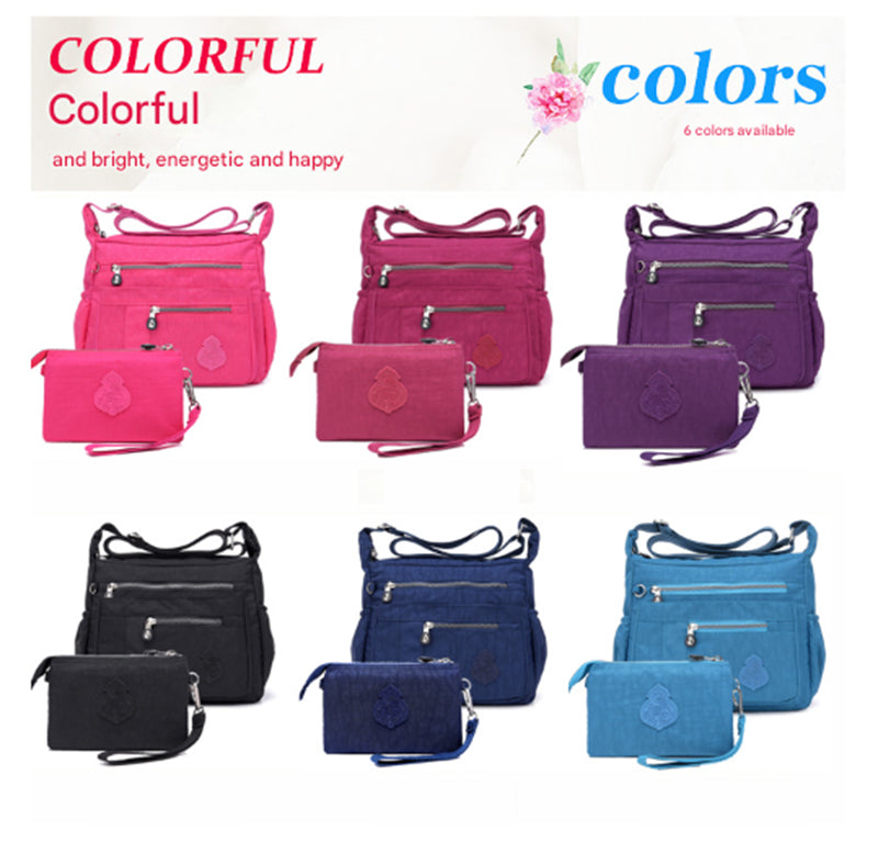 Blue Versatile Womens Nylon Water-Repellent Crossbody Shoulder Bag Set with Matching Clutch Pouch - Lightweight & Multi-Pocket