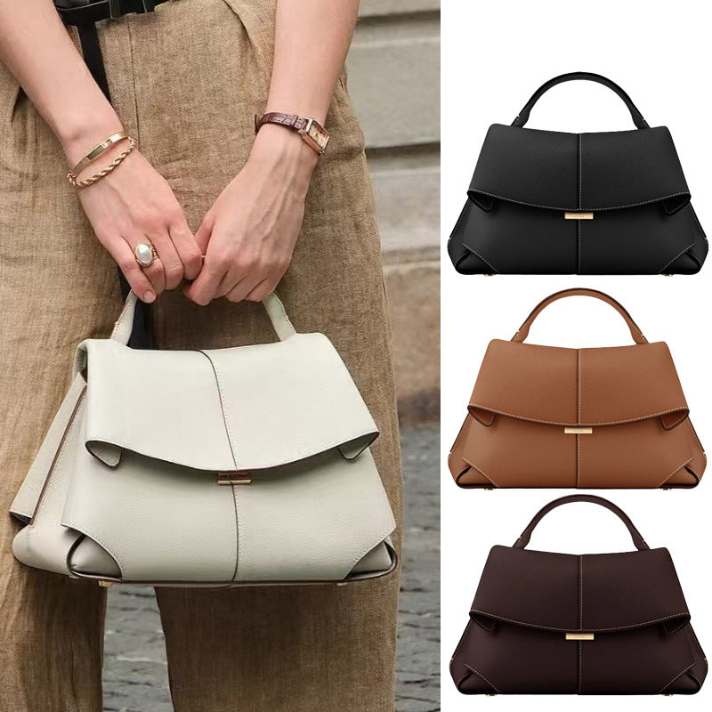 Brown Elegant Womens Genuine Cowhide Leather Top Handle Satchel - Chic Flap Crossbody Shoulder Bag