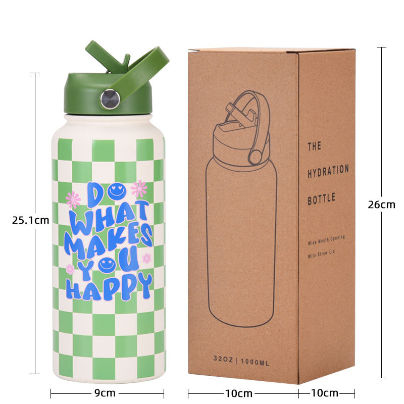 Style 11A Pink Vibrant Fun Print 1L Stainless Steel Insulated Water Bottle - 32oz Large Capacity with Straw Lid & Carry Handle - BPA-Free