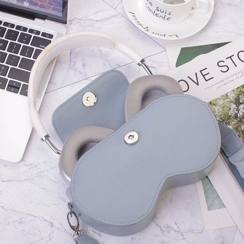 White Chic PU Leather Crossbody Storage Bag for Apple AirPods Max - Protective Case with Ruched Fabric Strap & Top Handle