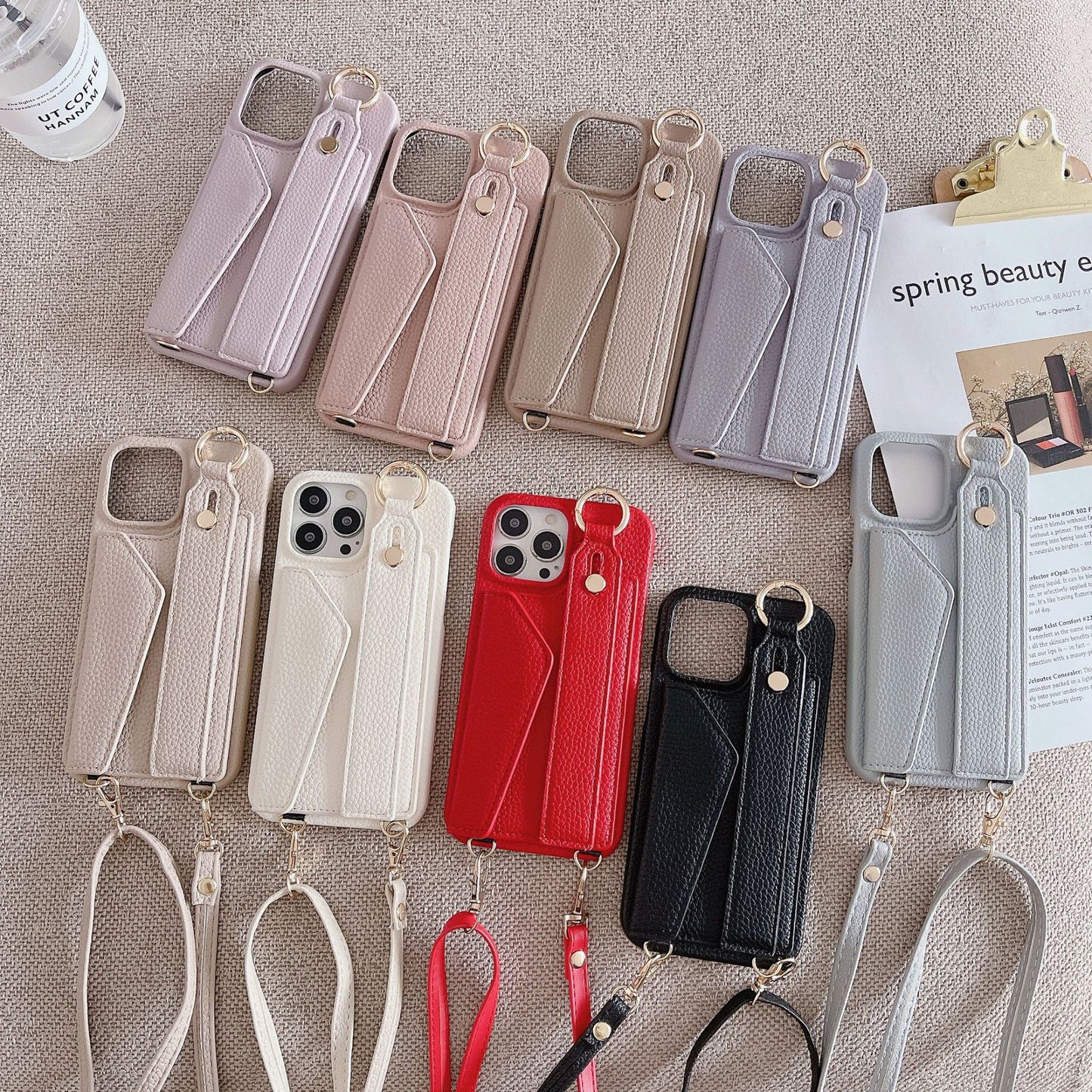 Beige Chic PU Leather Crossbody Wallet Case for iPhone 16 Pro - Card Holder with Detachable Strap & Finger Ring Grip
