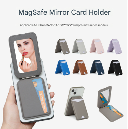 Brown Chic MagSafe Wallet with Mirror & Stand - PU Leather Card Holder for iPhone 12-16 Series