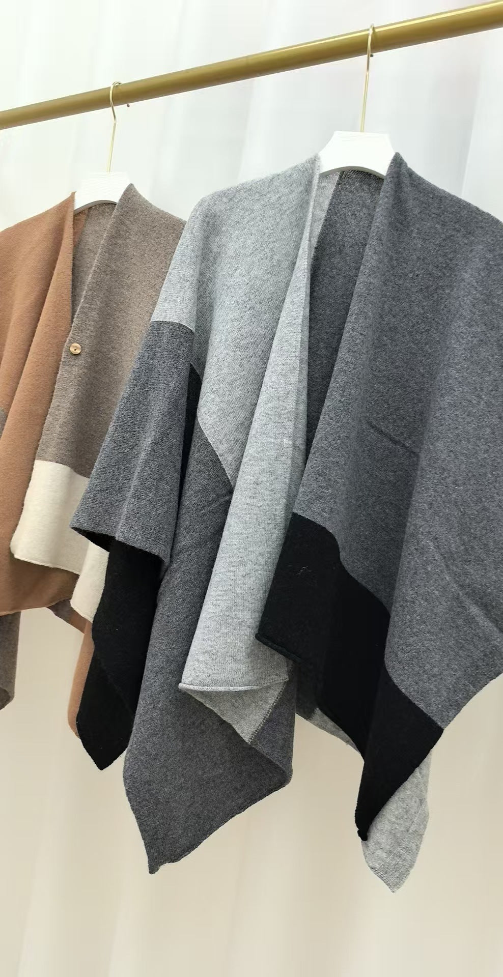 Grey Pure Wool Extra Large Shawl Scarf Color Block Multi-functional Warm Cashmere Cape Poncho