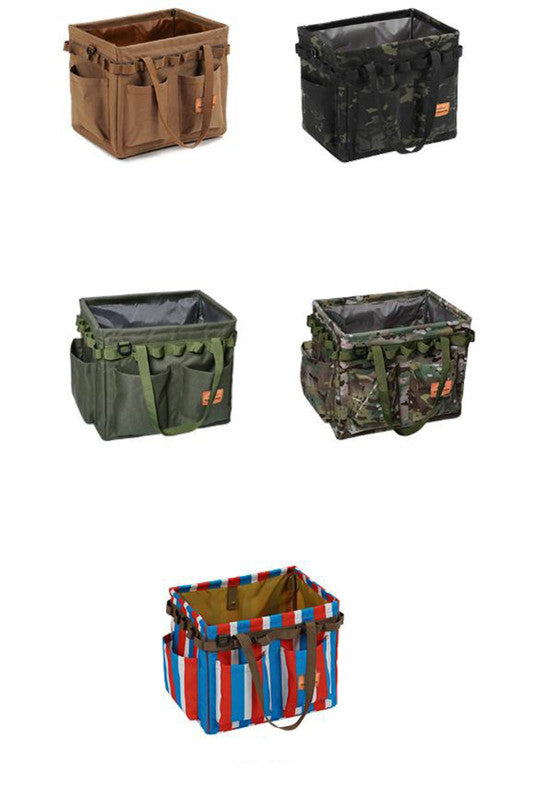 Red,Blue and White Stripes Heavy Duty Foldable Outdoor Camping Storage Box - Oxford Cloth Collapsible Gear Organizer Tote with Pockets