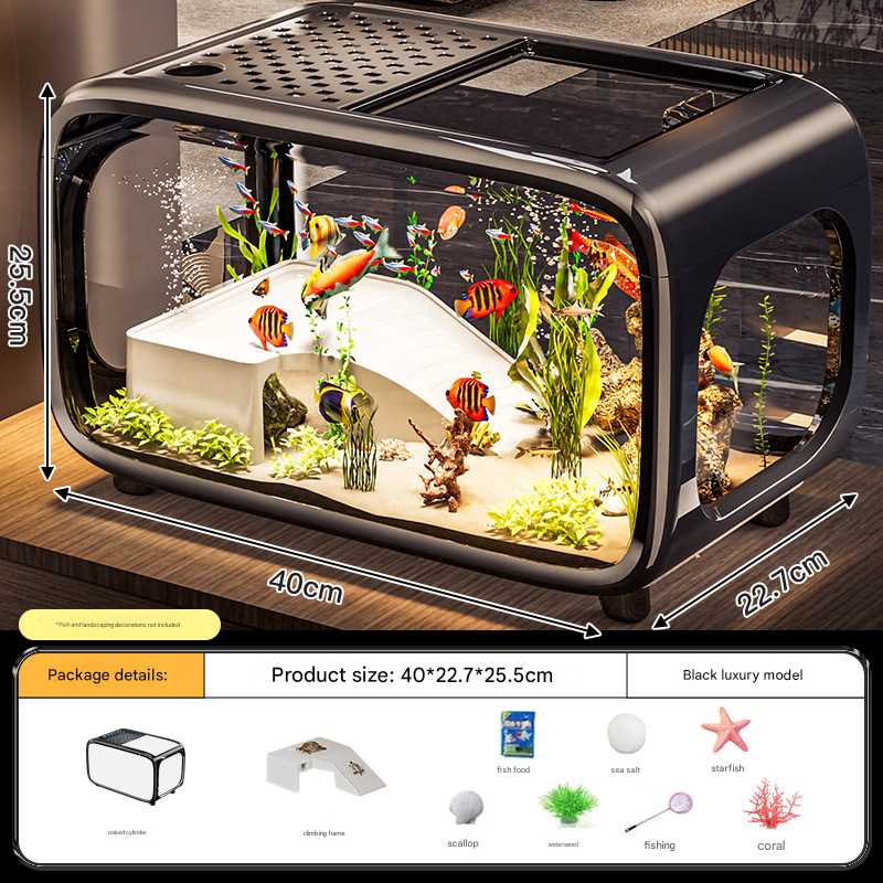Black  Modern Desktop Aquarium & Turtle Tank - Panoramic Viewing Fish Tank with Basking Platform & Lid