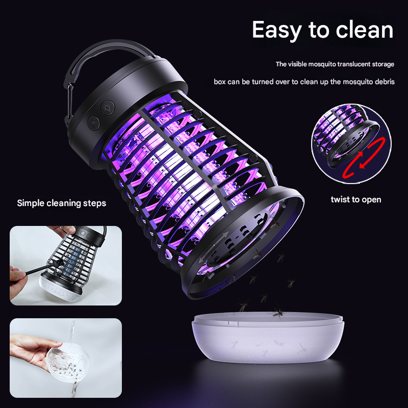 Black Rechargeable 3-in-1 Bug Zapper Lantern - Portable UV Mosquito Killer with Camping Light & SOS Mode