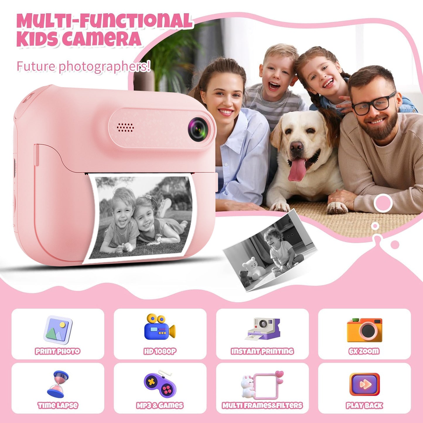 Kids Multi-Functional Camera Toy - Instant B&W Printing & Creative Stickers(white)