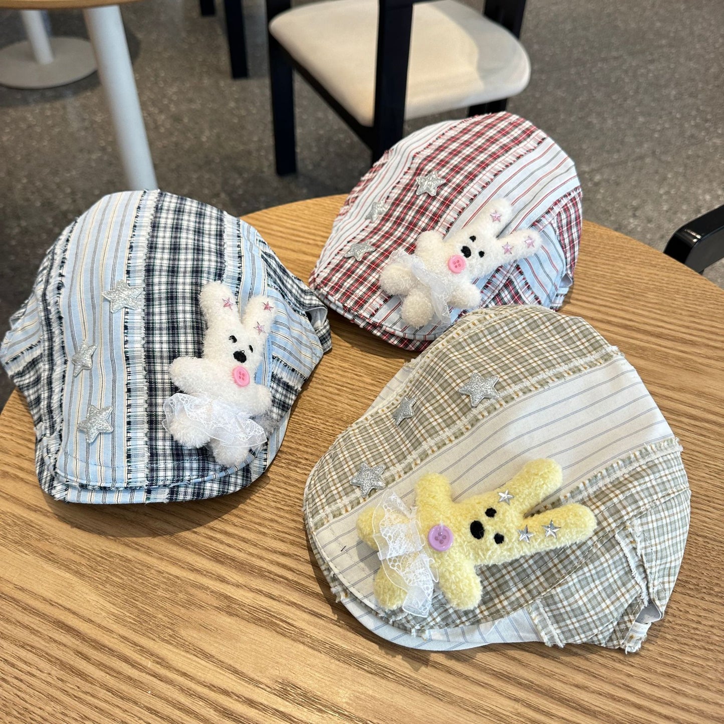 Patchwork Plaid Cotton Cap with Decorative Details(red)