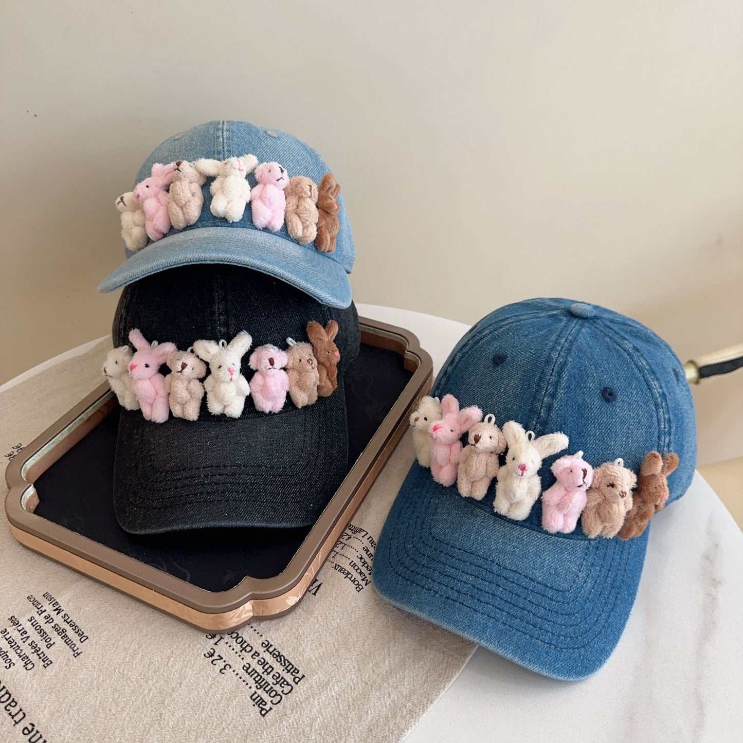 Whimsical Plush Bunny Row Denim Baseball Cap - Adjustable, Sun Protection, Breathable Comfort(Black)