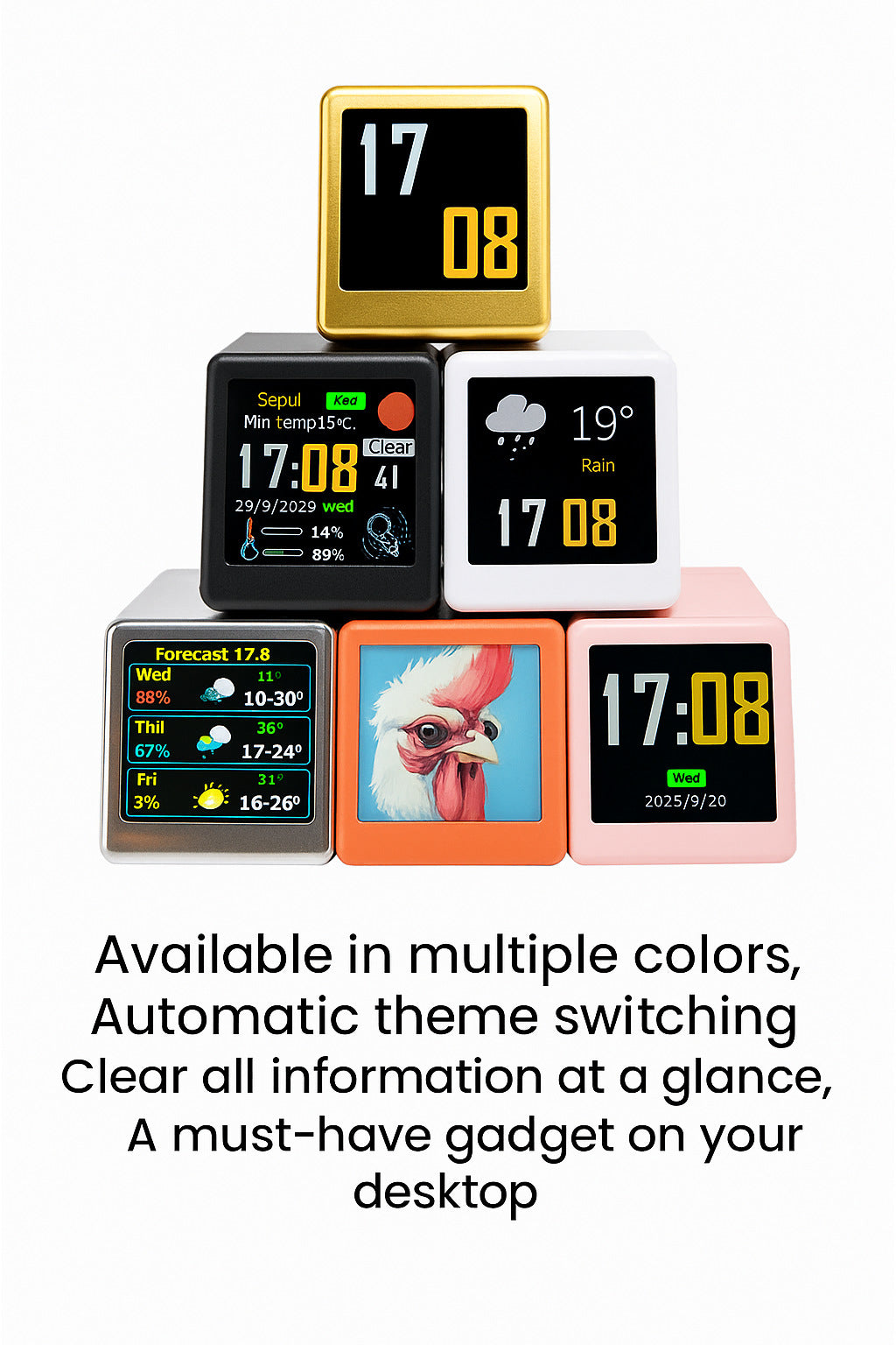 2pc Mini Smart Wi-Fi Weather Station Clock - Desktop Digital Clock with HD IPS Screen, Customizable GIF Display & 3-Day Forecast(Yellow)