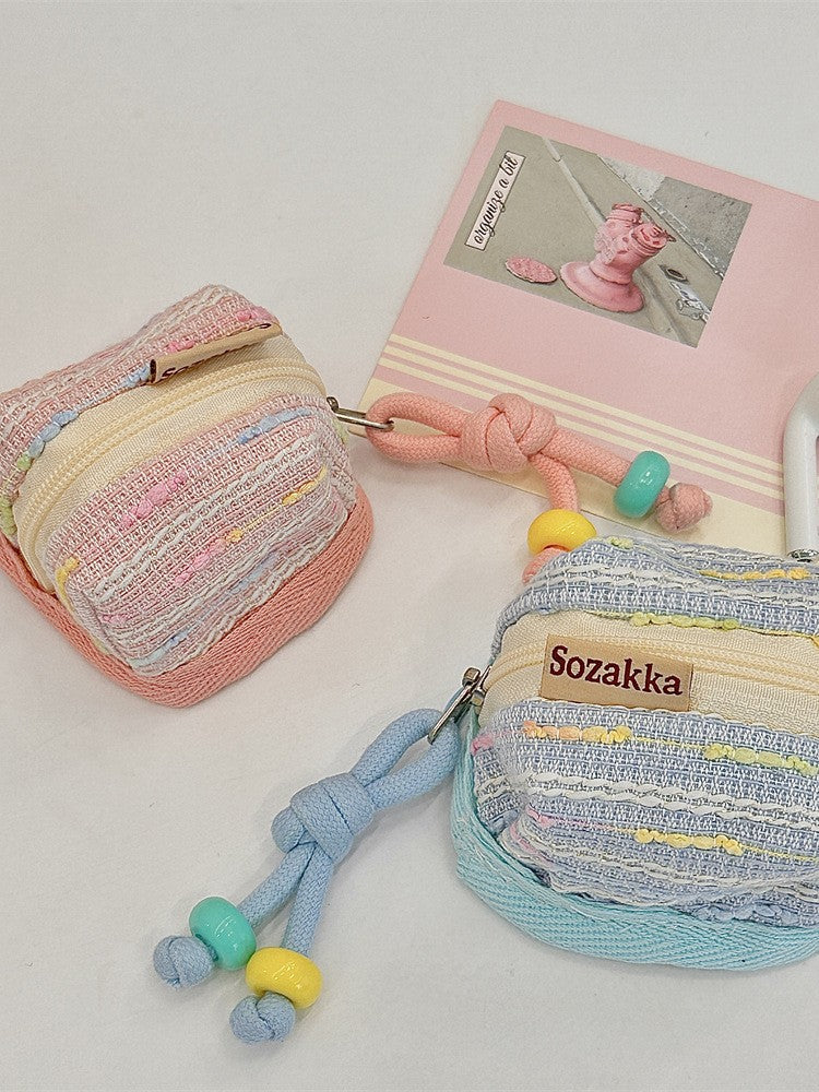 3pc Chic Woven Mini Backpack Pouch - Earphone Case & Coin Purse with Keychain Lanyard(yellow)
