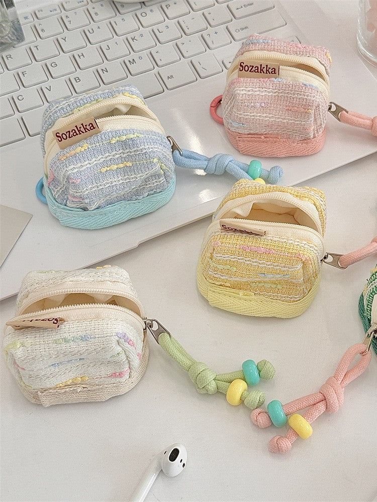 3pc Chic Woven Mini Backpack Pouch - Earphone Case & Coin Purse with Keychain Lanyard(green)