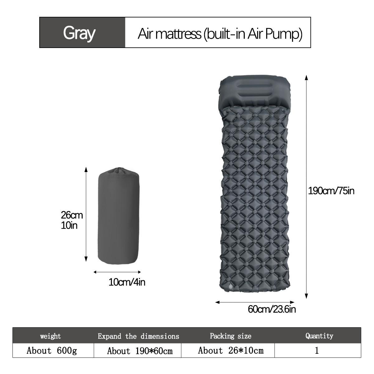 2pc Ultralight Inflatable Camping Sleeping Mat with Integrated Pillow - Waterproof 40D Nylon TPU(Grey)