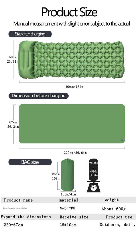 2pc Ultralight Inflatable Camping Sleeping Mat with Integrated Pillow - Waterproof 40D Nylon TPU(Navy Blue)