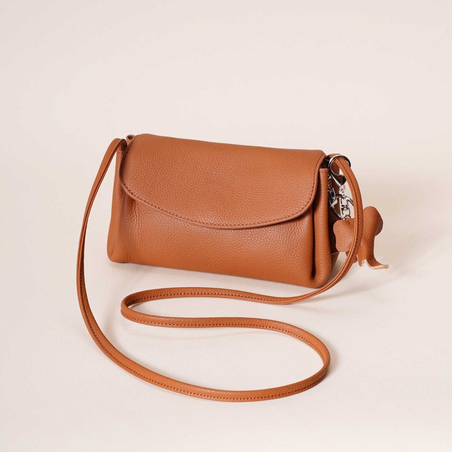 Genuine Leather Flap Crossbody Bag with Elephant Charm - Compact & Stylish Shoulder Purse(White)