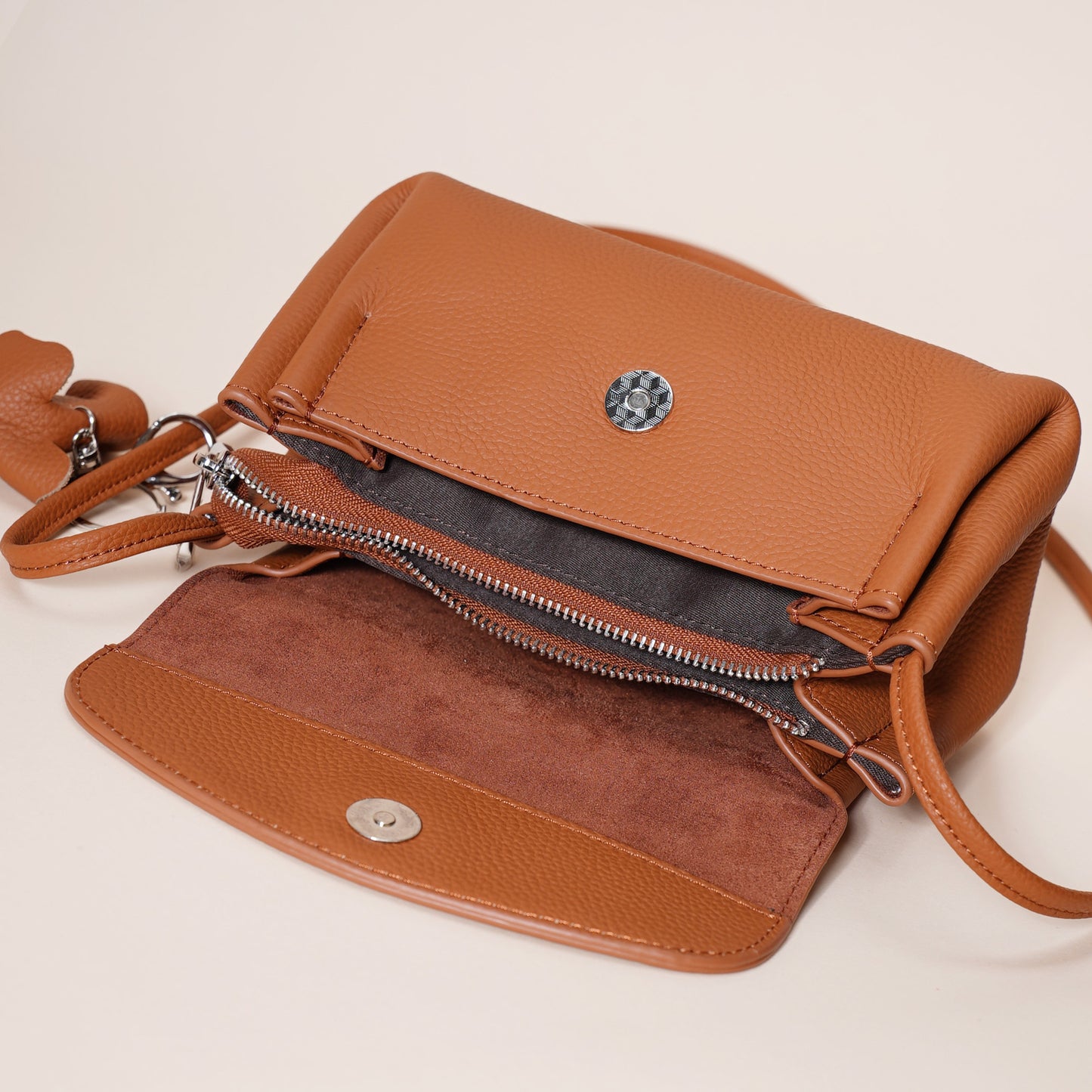 Genuine Leather Flap Crossbody Bag with Elephant Charm - Compact & Stylish Shoulder Purse(White)