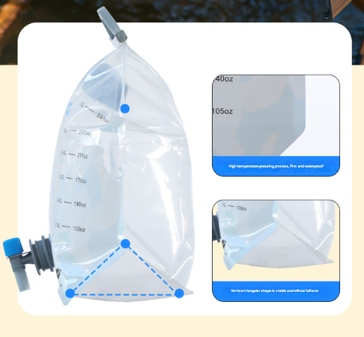 1 Piece Grey 8L Foldable Water Bag - Large Capacity Portable Water Carrier with Spigot for Camping & Outdoors