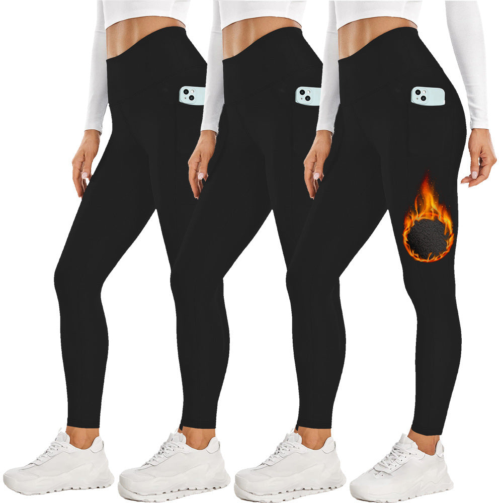 Size L Grey Women's Mid Waist Plush Leggings with Pockets - Autumn and Winter Leggings with Pockets