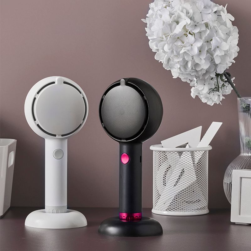 Black 2-in-1 Handheld Fan with LED Makeup Mirror - Portable USB Rechargeable Beauty Light Fan with Desktop Base - 3 Speed Quiet Airflow for Travel & Summer