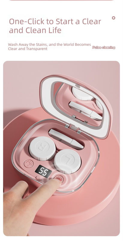 Grey Portable Sonic Wave Contact Lens Cleaner with LED Makeup Mirror - Automatic Electric Lens Cleaning Case for Daily Use